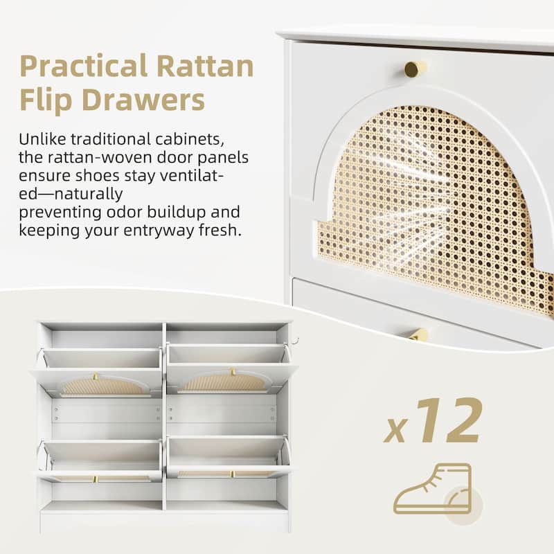 Mid-Century Narrow Design Tipping Bucket Shoe Cabinet with 4 Flip Drawers with Rattan Doors and Hooks