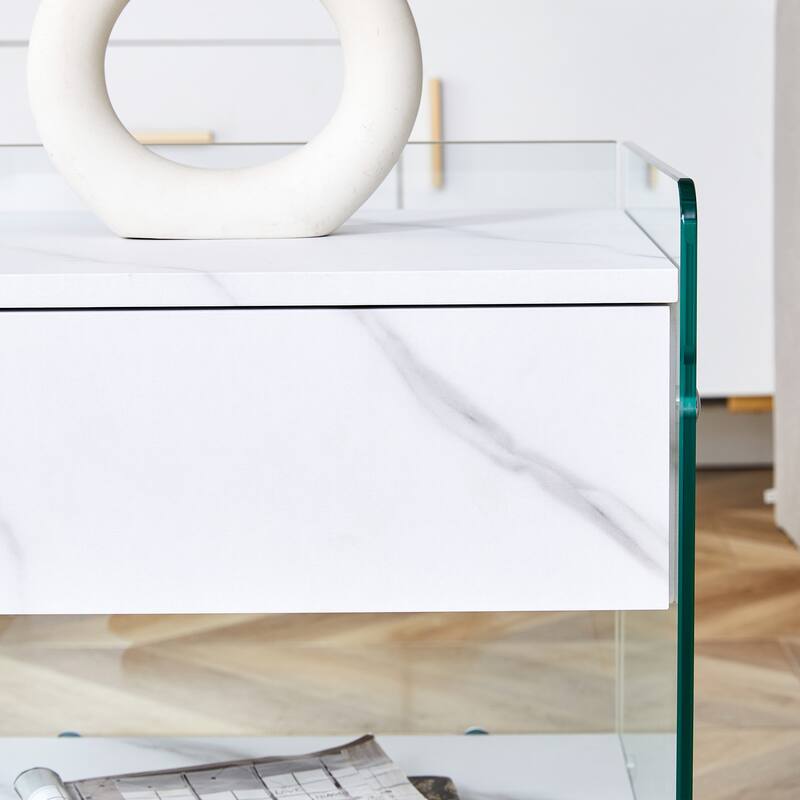 17.7" Modern Square Coffee Table with 1 Drawer and Tempered Glass Legs for Living Room
