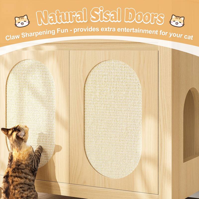 Cat Litter Box Enclosure, Hidden Cat Litter Box Furniture with Scratching Board Doors and Storage Drawer