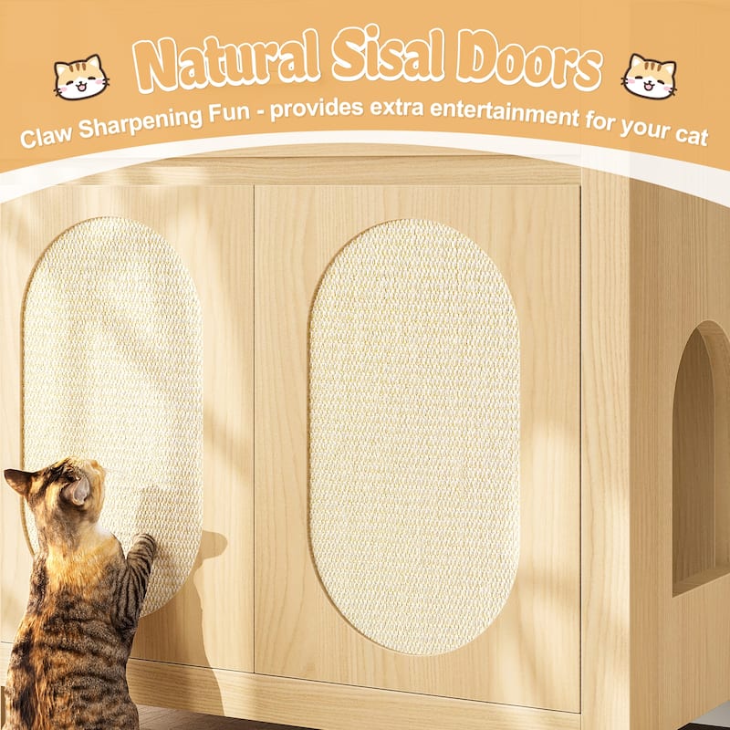 Rossetta Wooden Washroom Hidden Cat House Box Enclosure with Natural Sisal Scratch Pads Doors