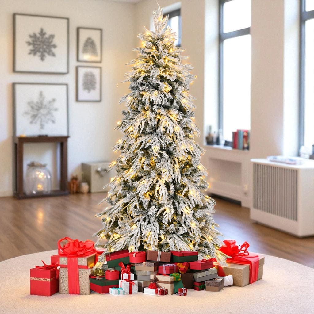 7ft/8ft Slim Flocked Pre-Lit Christmas Tree with 767/950 Tips and 250/350 Warm LED Lights, Metal Stand