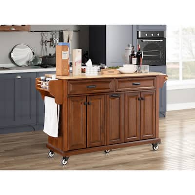 Rubberwood Top Kitchen Island with Adjustable Shelf & 2 Drawers, Kitchen Storage Cart on 5 Wheels with Spice Rack & Towel Bar