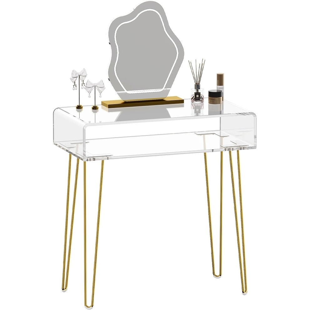 Small Acrylic Vanity Desk with Gold Metal Legs, 31.5'' L x 15.7'' W x 32.1'' H, Modern Dressing Table for Bedroom
