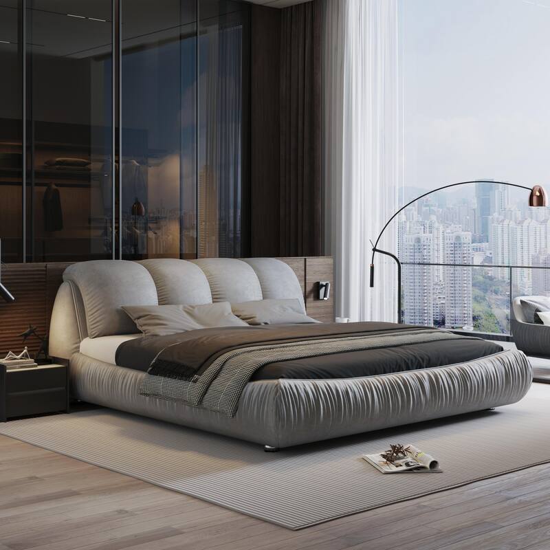 King Size Upholstered Platform Bed with Oversized Padded Backrest - Grey - King