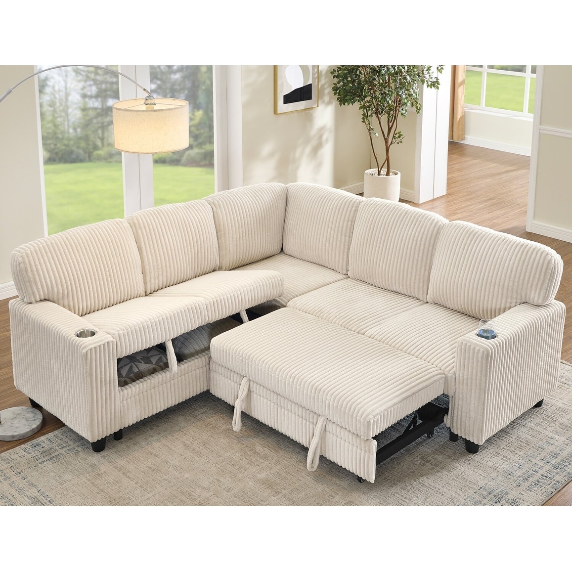 81" L-Shaped Corduroy Sectional Sofa with Pull-Out Bed