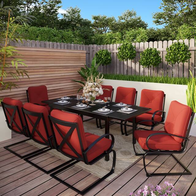 7/9 PCS Outdoor Patio Dining Set, 6/8 Spring Motion Chairs with Cushion, 1 Rectangular Expandable Table
