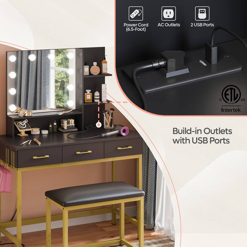 Makeup Vanity Desk Stool Set with Lighted Mirror & USB Power Outlet