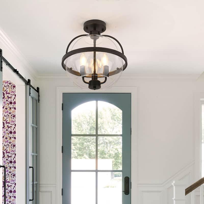 3-Light Industrial - Style Black - Framed Clear Glass Globe Flush Mount Ceiling Light - Matte Black