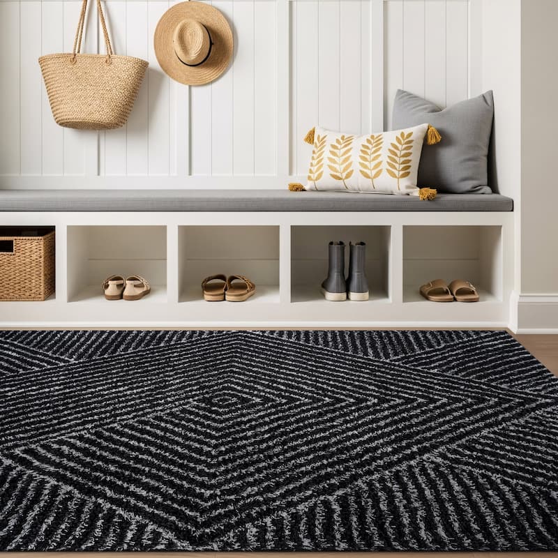 Minimal Stripe Geometric Shag Rug - Anthracite Dark Gray - Medium Pile - Cozy & Modern - Anthracite - 4' x 6'