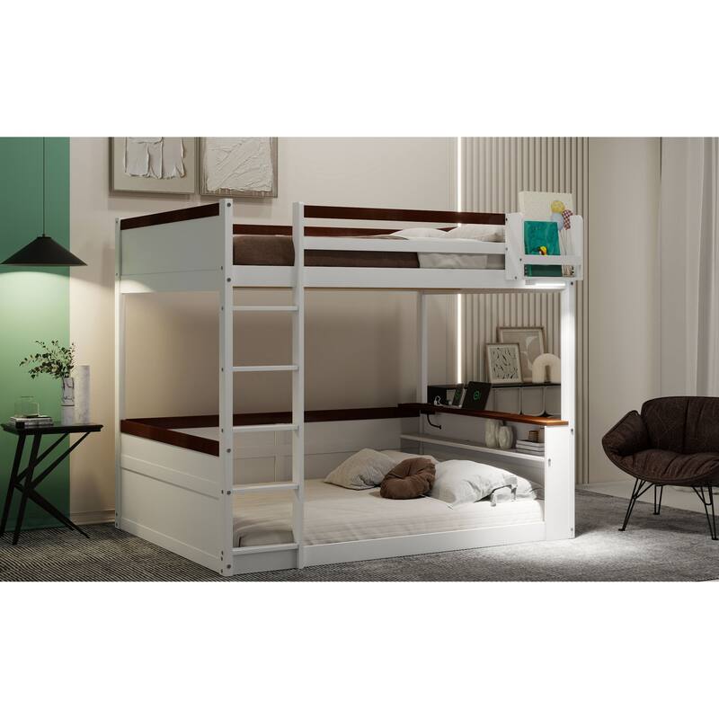 Roomfitters Queen Over Queen Bunk Bed with Storage Box, LED Light and USB Charging, White