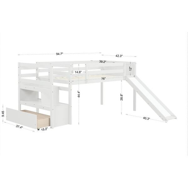 White Twin Solid Wood Low Loft Bed with Stairs & Slide