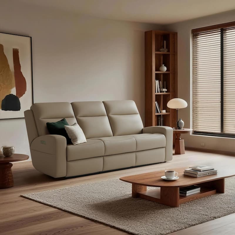 86''W Genuine Leather Triple Power Reclining Sofa with Power Headrest and Power Lumbar - Dark Beige