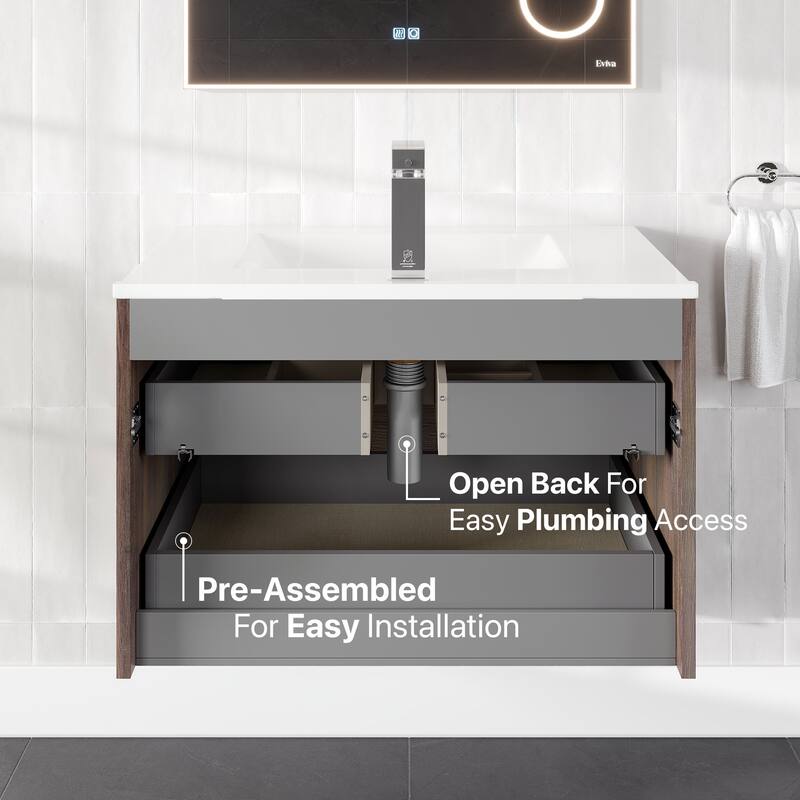 Marina 32 in. Wenge Wall MountSingle Sink Bath Vanity with Porcelain Top and Integrated Sink