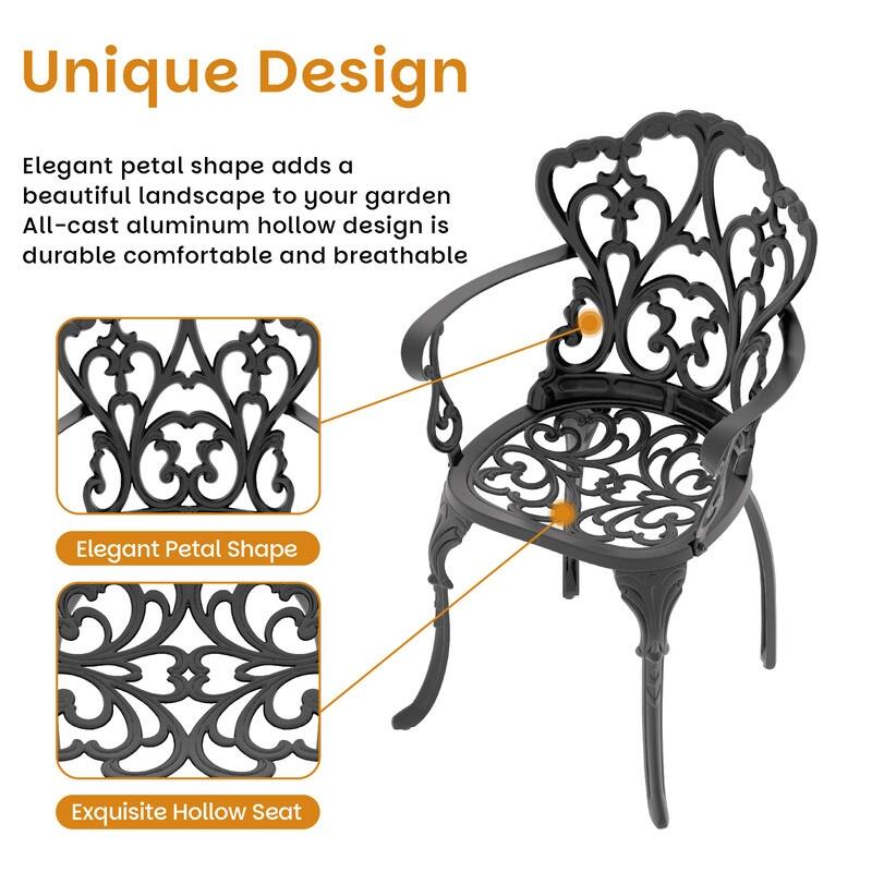 Black Cast Aluminum Patio Outdoor Dining Chairs with Off-White Seat Cushions (Set of 2)