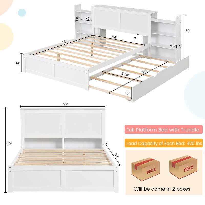 Twin/Full Kids Wooden Platform Bed with Trundle Storage Headboard