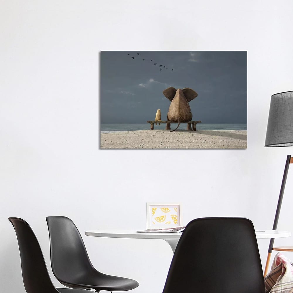 iCanvas "Elephant And Dog Sit On A Beach" by Mike Kiev Canvas Print