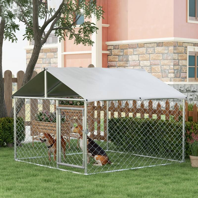 Silver Galvanized Steel Outdoor Dog Kennel with UV Roof and Lockable Door - 6.6' L x 6.6' W x 4.9' H