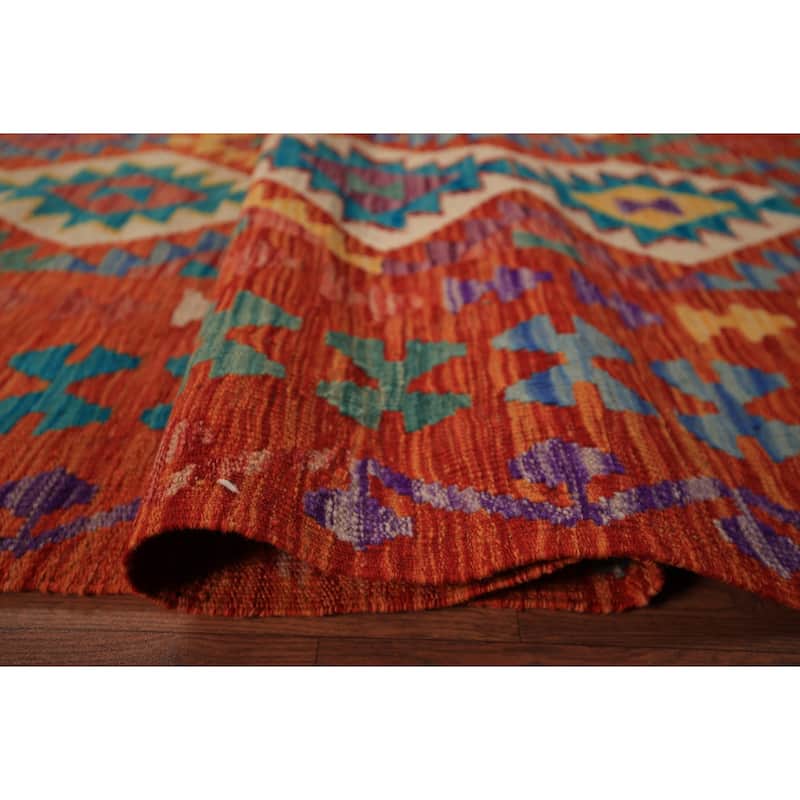 Geometric Kilim Oriental Area Rug Flatweave Reversible Wool Carpet - 8'4" x 9'10"