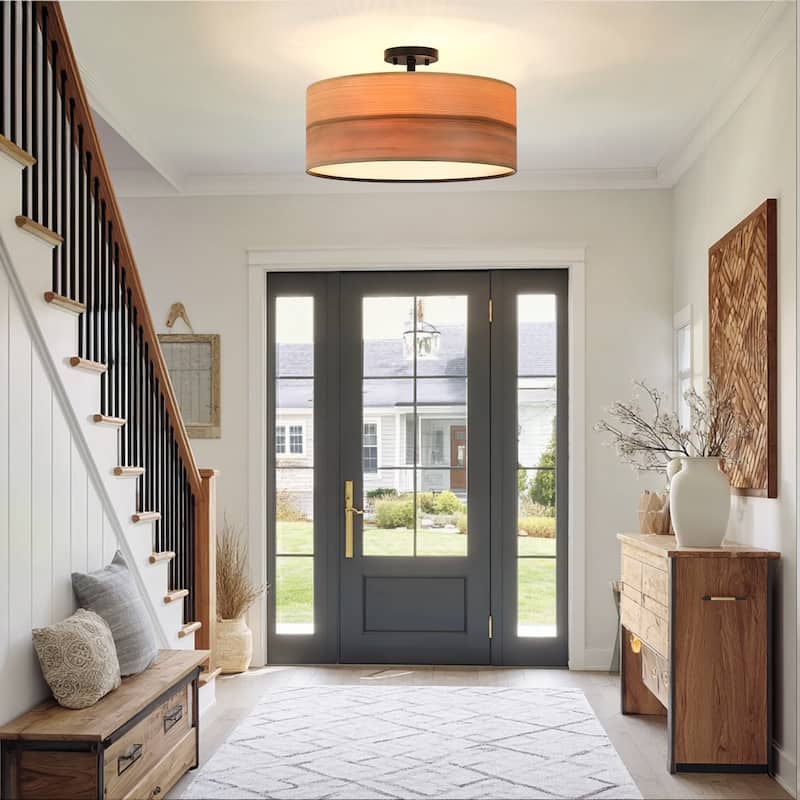 Breaux Wood Veneer Drum Semi Flush Mount Ceiling Light