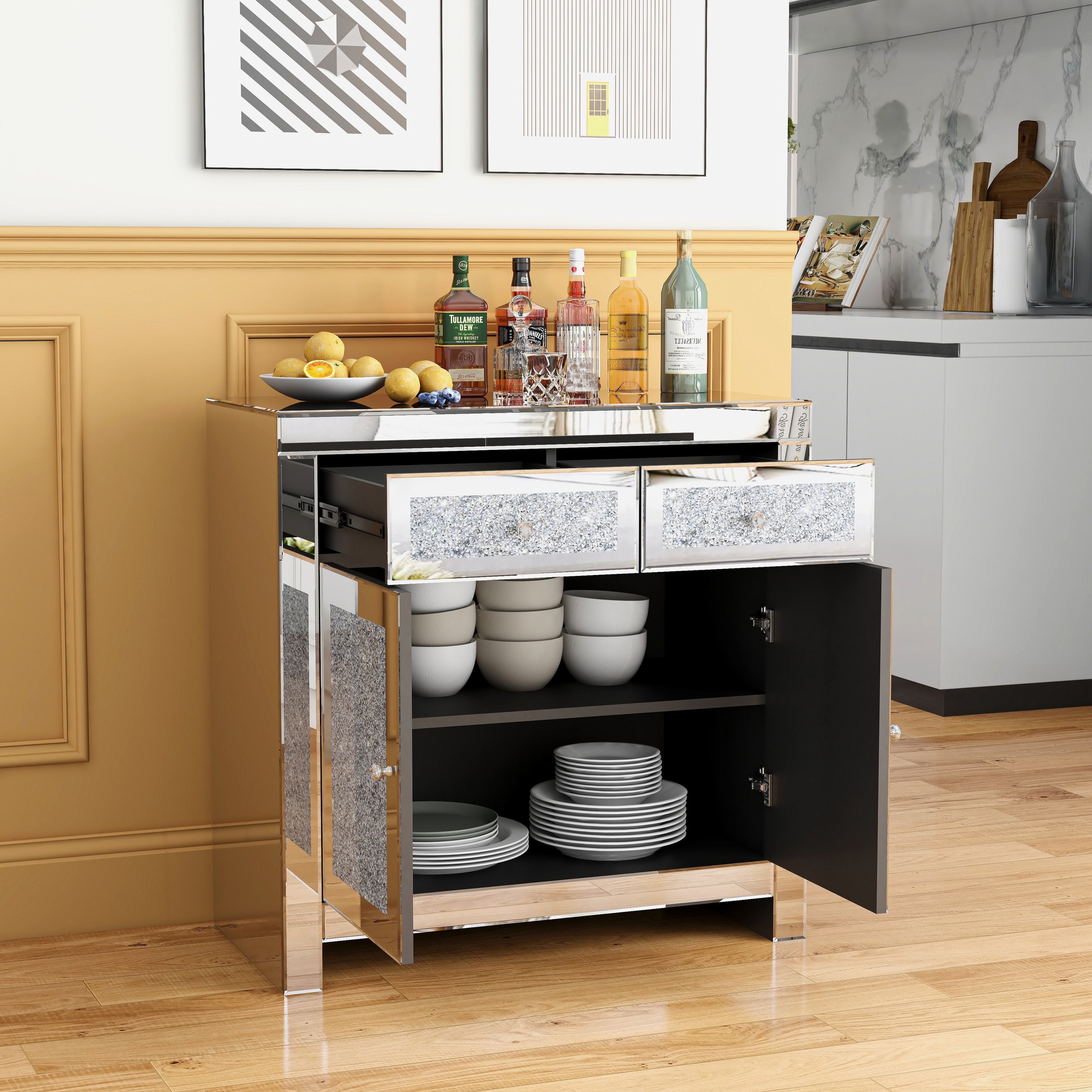 2-Door Mirrored Accent Cabinet Sideboard with Crushed 2-Door Mirrored Accent Cabinet Sideboard with Crushed