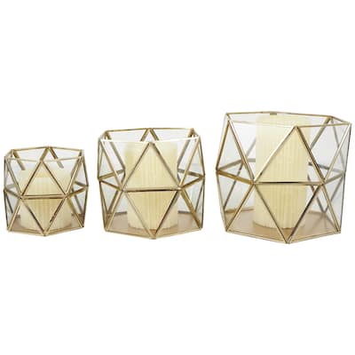 Metal Geometric Wide Diamond Patterned Hexagon Indoor Outdoor Candle Lantern - Set of 3 Gold - CosmoLiving by Cosmopolitan
