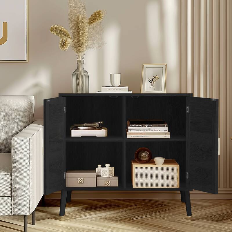 Anmytek Modern Black Rattan Buffet Cabinet Sideboard Kitchen Storage Credenza with Gold Handles