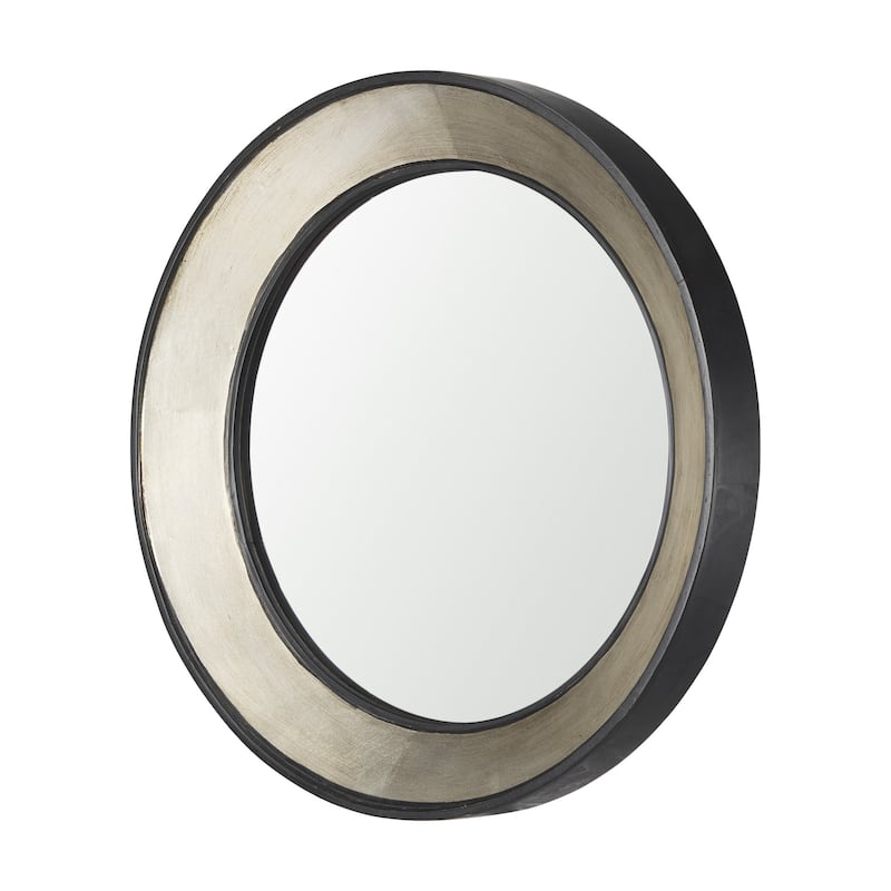 HomeRoots 22" Champagne And Dark Brown Metal And Solid Wood Round Framed Accent Mirror - 21.85 in. x 21.85 in. x 2.36 in.