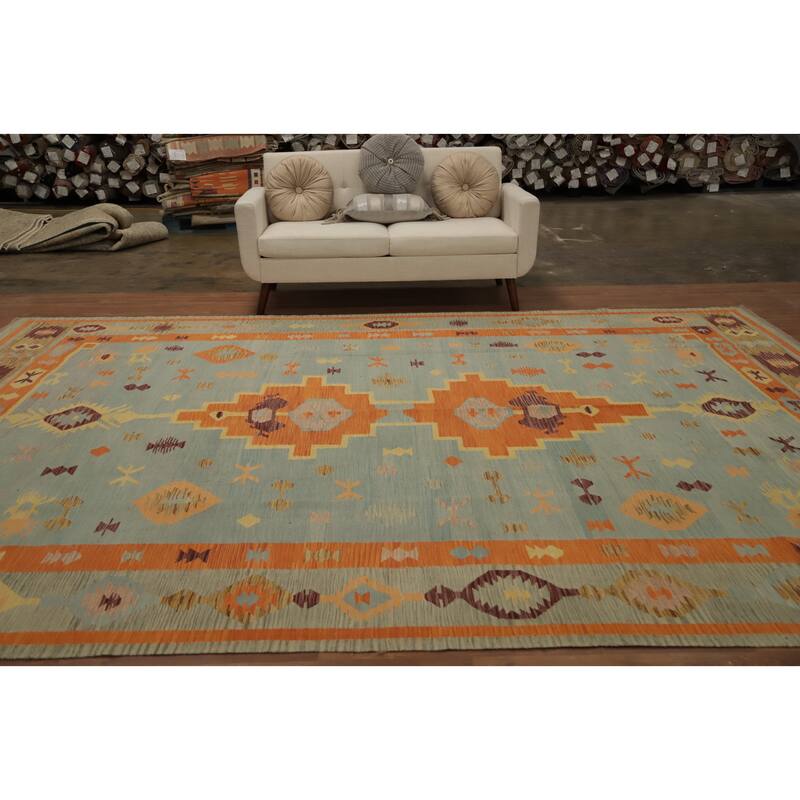 Hand Woven Oriental 100% Wool Carpet Southwestern Tribal Navy Blue & Blues Kilim Area Rug - 13' 0'' X 9' 9''