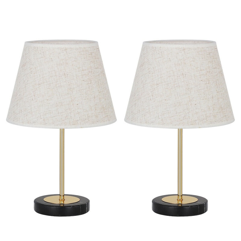 2PCS Vintage Table Lamps with Marble Base and Linen Fabric Shade, Gold