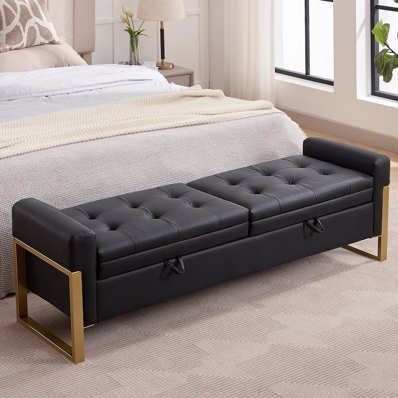 66" Storage Bench King Size End of Bed with Double Lids and Gold Legs - Black - Faux Leather