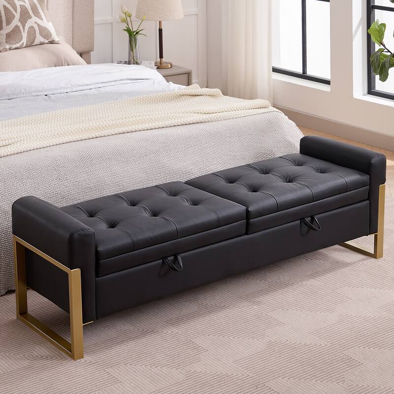 66" Storage Bench for Bedroom End of Bed with Double Lids and Gold Legs - 66"W - Double Lid - Black - PU