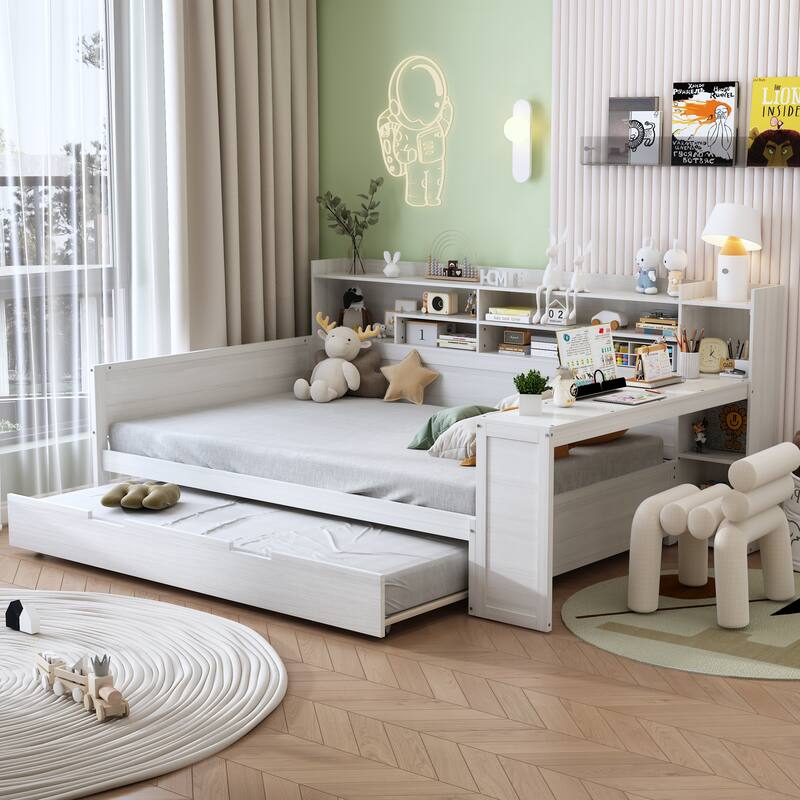 Full Size Daybed with Storage Shelves, Multi-Functional Bed with Twin Trundle and Built-In Study Desk, Space-Saving Design - Antique White - Full