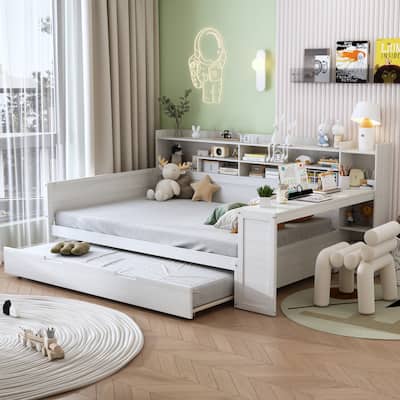 Full Size Daybed with Storage Shelves, Multi-Functional Bed with Twin Trundle and Built-In Study Desk, Space-Saving Design