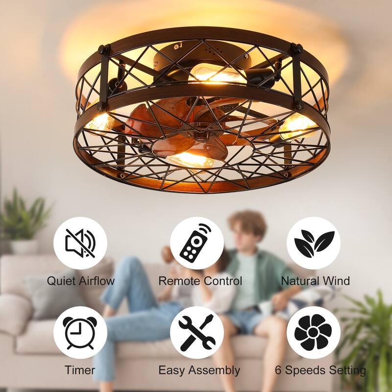 Cusp Barn 20 Inch Caged Reversible Flush Mount Ceiling Fans with Light and Remote for Living or Dining Rooms and Bedrooms