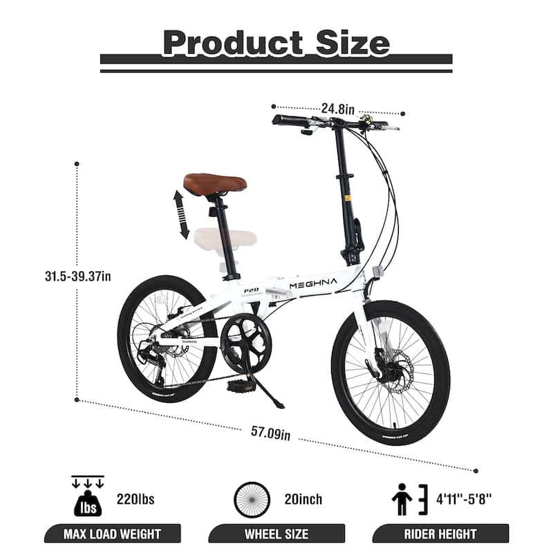 20" Folding City Bike, Lightweight Aluminum Frame,7-Speed Folding Bike