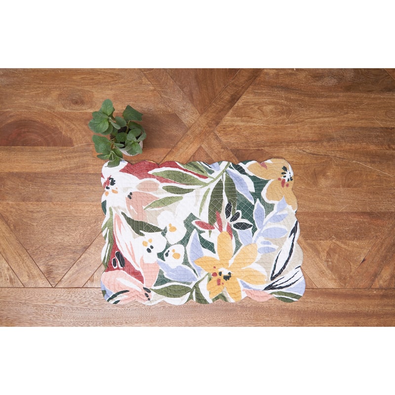 Joelle Floral Flowers Palm Leaf Vibrant Scalloped Placemats Set of 6, 13" x 19"