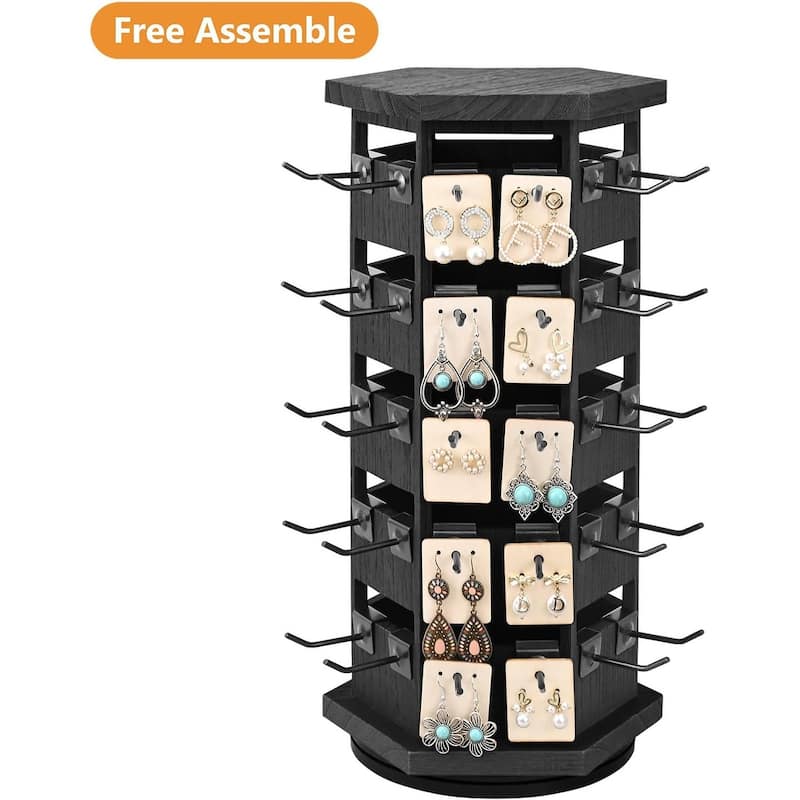 Natural Wood Hexagon 6 sided Rotating Jewelry Display Stand Tower,60 Removable Metal Hooks
