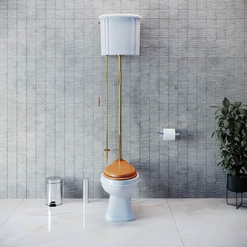 High Tank Toilet - White Ceramic Tank, Elongated Bowl and Brass PVD Z Pipes ADA Compliant Renovators Supply