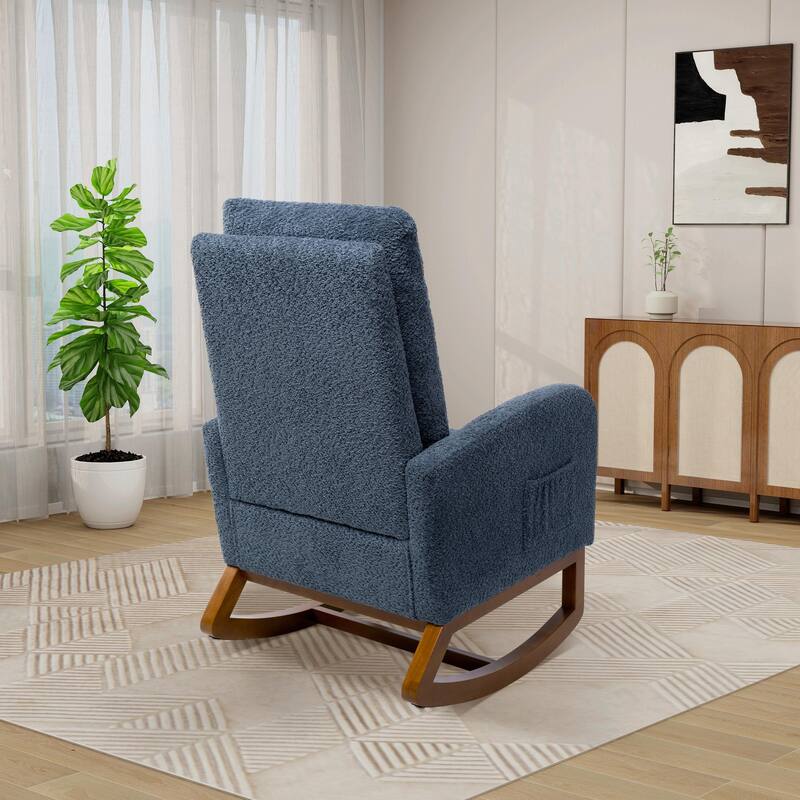 Nursery Rocking Chair, High Back Glider with Retractable Footrest, Side Pocket, Rubberwood Legs for Living Room, Bedroom