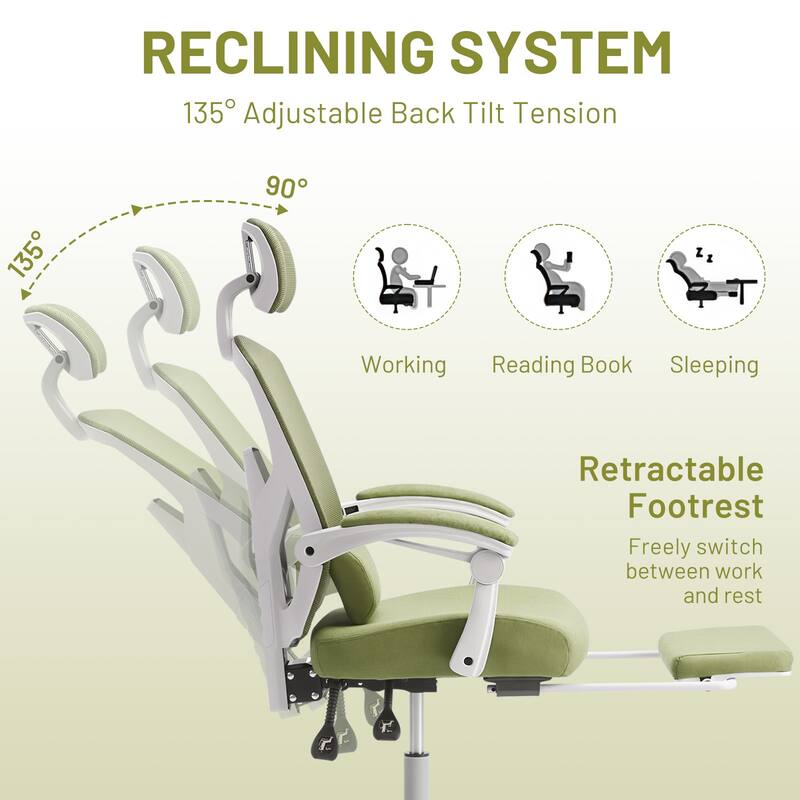 Ergonomic Office Chair with Footrest, High-Back Mesh Rolling Swivel Reclining Chairs Computer Desk Seat