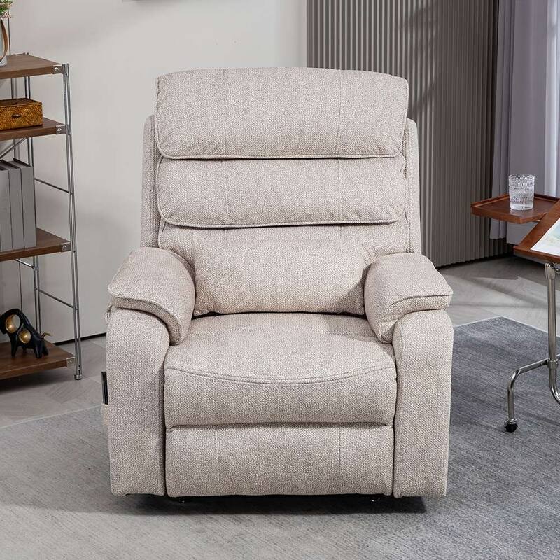 Dual Motor Oversized 180° Lay Flat Chenille Power Lift Recliner Chair with Retractable Tray, Wireless Charge - Gray White