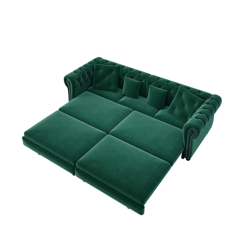 Oversized Chesterfield Loveseat Sofa, Convertible Pull Out Sleeper Sofabed Velvet Couch Bed w/Movable Ottoman and Nailhead Trim