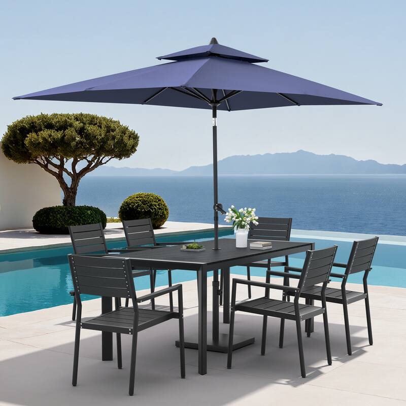9-Piece Outdoor Patio Dining Set Wood Like Aluminum Umbrella Hole Table with Stackable Armchairs, Market Umbrella and Base - BlackTable&BlackChairs&NavyBlueUmbrella
