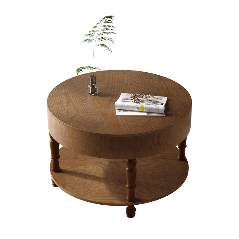 Round Flip-Top Coffee Table with Storage, Dual-Tier Center Table with Adjustable Leveling Feet and Open Shelf