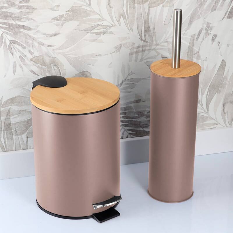 Bathroom Set with Bamboo Lid - Matte Metal Trash Can and Toilet Brush - 15.6" H x 11" L x 11" W