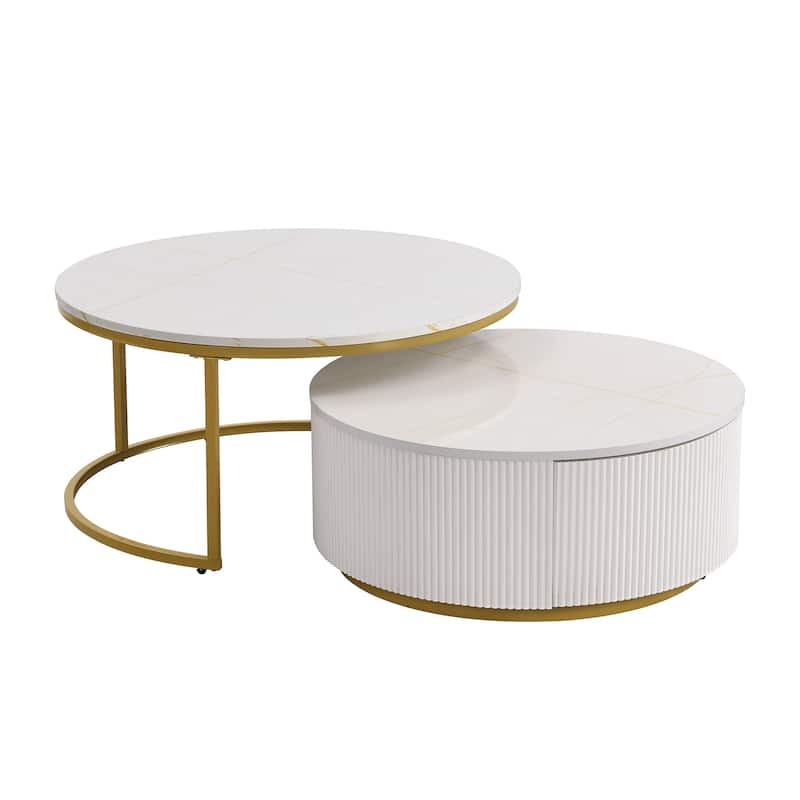 Modern Round Nesting Coffee Set of 2, Stacking Living Room Accent Tables with Gold Metal Frame, Office Wood Center Table