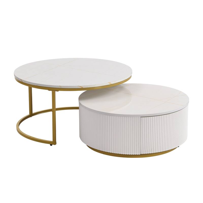 Modern Round Nesting Coffee Table with Drawer and Gold Base for Living Room