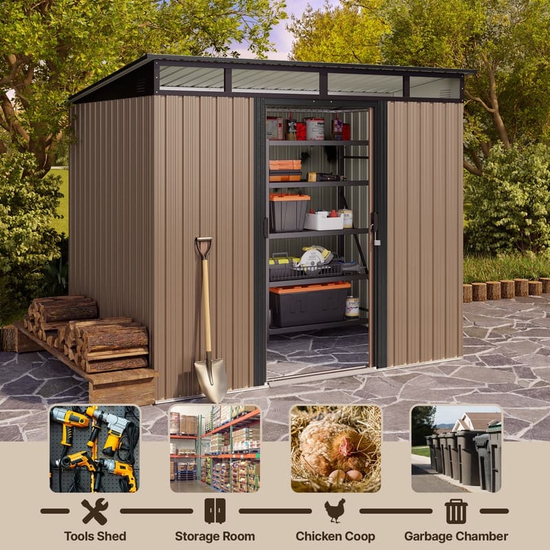 6' x 4' / 8' x 6' Outdoor Storage Shed, Galvanized Metal Garden Shed with Double Lockable Doors