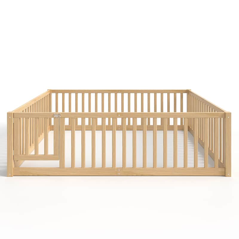 Montessori Floor Bed with Safety Guardrails & Door, Kids Low Profile Frame, Available in Queen/Full/Twin
