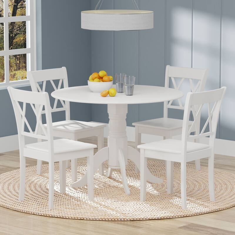 5-Piece Dining Set, 42" Round Drop-Leaf Table and Double X-Back Chairs